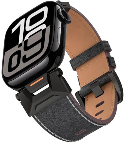 ALFARAY Leder Armband Kompatibel mit Apple Watch Ultra 1 2 Armband 49mm, 25mm Breites Band mit Edelstahlanschluss für iWatch Series 10 46mm 9 8 7 45mm SE 6 5 4 44mm 3 2 1 42mm, Schwarz/Schwarz