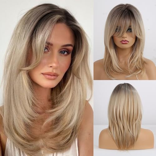 Allbell schmutzige blonde Perücke für Frauen, schulterlange gerade geschichtete Haar Perücke mit Pony, hitzebeständige synthetische Naturhaar täglich/Party/Cosplay Kostüm Perücke