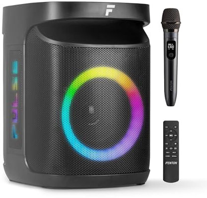Fenton Pulse65 Musikbox Bluetooth Groß 140W, Wasserfest, Akku 12H, UHF Mikrofon, BT 5.3, FM Radio, Fernbedienung, Partybox Bluetooth Box Groß, Stereo-Pairing, Tragbare Musik Box, Boom Box - Schwarz