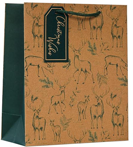 Design By Violet Brown Kraft Paper Christmas Wishes Forest Reindeer and Stag Gift Bag - Medium - Eco Friendly for Christmas, Xmas, Festive Wrap With Gift Tag