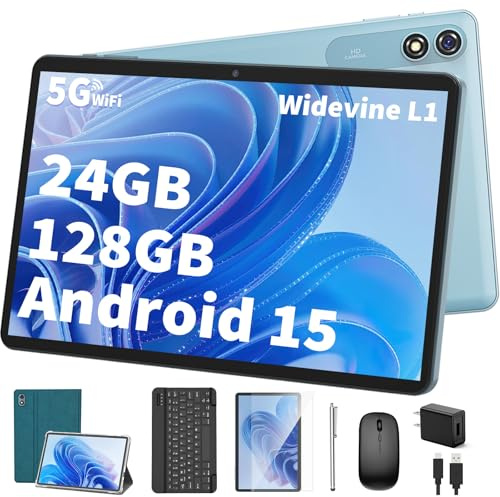Android Tablet with Keyboard,10 inch Android 15 tablet, 24GB RAM 128GB ROM, 1TB Expand, Octa-Core, Widevine L1, 2.4G/5G WiFi, 8000mAh, Bluetooth, 2 in 1 Tablet with Case, Mouse, Stylus（Green Case）