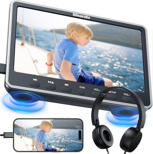 GOnavidio 12,5 Zoll DVD-Player Auto mit HDMI-Eingang, Kopfhörer, Montagehalterung, Doppellautsprecher, DVD Player Auto Kopfstütze, unterstützt Sync Screen, AV EIN- und Ausgang ohne Akku