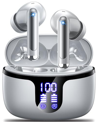 Auriculares Inalambricos Bluetooth Cascos Inalámbricos con HiFi Estéreo,4 Mic con Reducción de Ruido ENC,2025 Bluetooth 5.3,48H Playtime,Impermeable IPX7,Pantalla Pantalla de energía LED.Gris