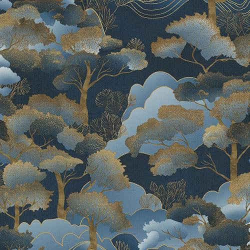 Erismann Vliestapete Elle Landschaft Bäume Berge Blau Gold Metallic 10448-08
