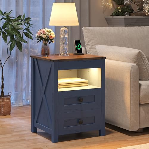 FREDEES LED Bedside Table with Hidden Drawer, Nightstand with Charging Station for Bedroom Furniture, Farmhouse End Side Table with 3 Colors Lights, Smart Human Sensor Design, Blue