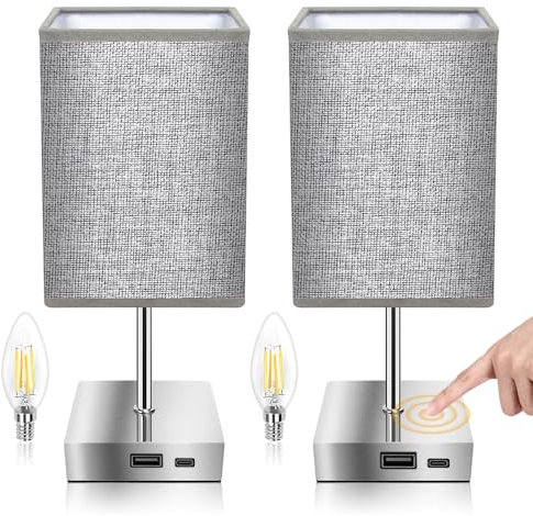 Touch Control Bedside Table Lamp Set of 2 With USB-C & USB-A Charging Ports, 3-Way Dimmable Nightstand Light With GreyFlaxen Fabric Shade for Bedroom, Bulb Included