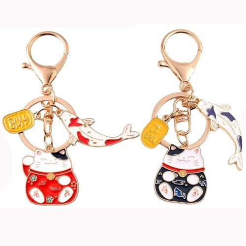 BOBOZHONG Porte-Clés Chat Porte-Bonheur,2PCS Porte-clés Feng Shui,Pendentif Porte-Bonheur Chat Porte Clé Kawaii pour Sac à Main, Portefeuille,Cadeau de Nouvel an ou d'anniversaire