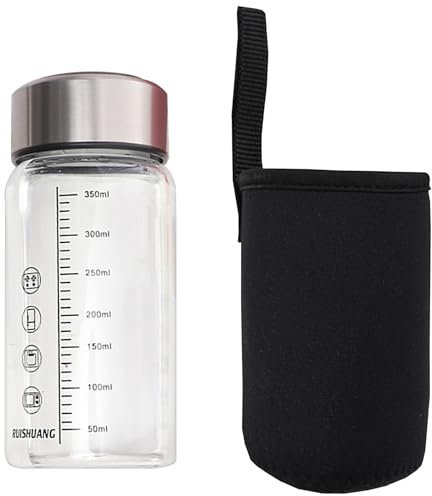 Rdxanc Botella de agua de vidrio de 350 ml con marcado de medición, portátil, apta para microondas para bebidas calientes