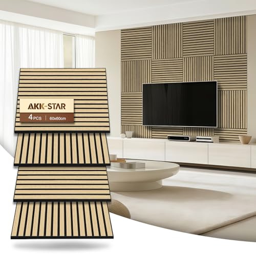 AKK-Star Akustikwandverkleidung, 4 Stück, 600 x 600 x 18 mm, schalldämmende und schallabsorbierende Paneele für Wände und Decken, geeignet für Konferenzraum, TV-Wand, 3D-Dekoration (klassische Eiche
