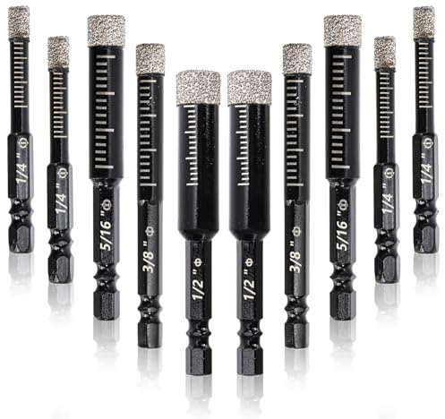 Hacaroa 10 Pack Dry Diamond Drill Bit Set, 1/4 5/16 3/8 1/2 Inch Diamond Core Drill Bits for Tile, Ceramic, Glass, Marble, Granite, Stone, 6, 8, 10, 12mm, 1/4 Inch Hex Shank, 4 Sizes
