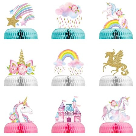 ALLY-MAGIC 9 Stück Einhorn Deko Kindergeburtstag, 3D Tischdeko Geburtstag, Einhorn Party Tischaufsätze, Bienenwabe Mittelstück - 3D Tischdekoration für Geburtstage und Einhorn-Mottopartys E21-DJSFWBJ