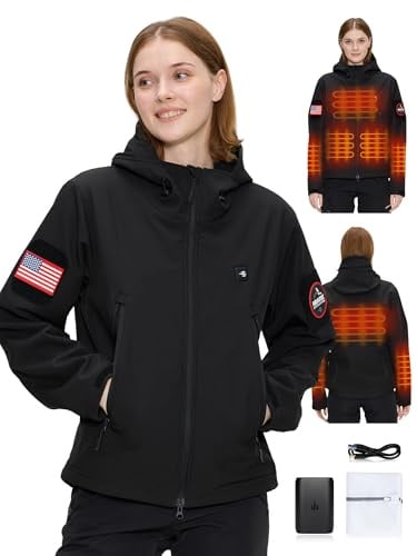 HEATIX Veste chauffante pour femmes avec batterie 12V - Manteau chauffant Softshell 5 zones de chaleur pour l’hiver, veste chauffante électrique Outdoor Hiking & Recreation pour femmes avec capuche