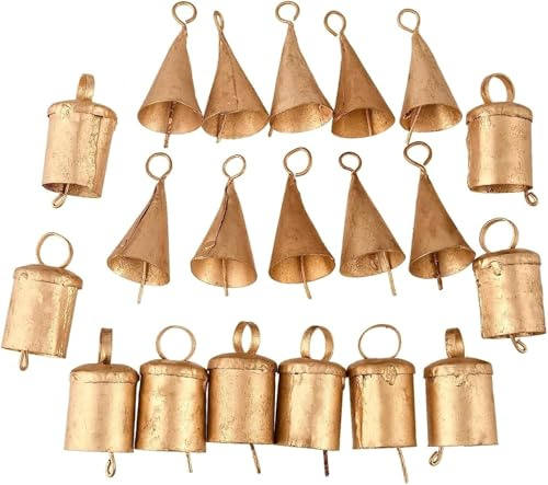 REXRYZ Weihnachtsglocken Dekoration Set, 20 Vintage Metallglocken, Jingle Witch Cow Bells, Rustikaler Bauernhaus-Stil, Antik Gold Jingle Bell Kuh Glocke Weihnachtsbaum Handwerk