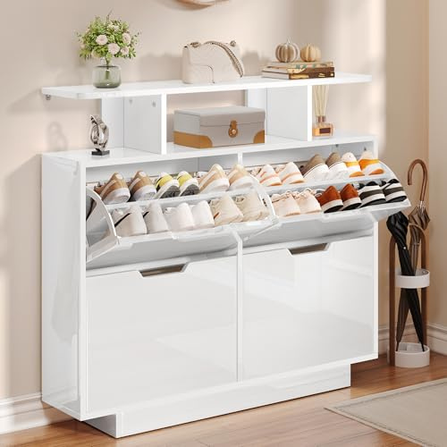 YITAHOME Shoe Storage Cabinet with 4 Flip Drawers, High Gloss Shoe Cabinet for 16-24 Pairs of Shoes for Hallway, Entryway, Living Room, White, 120W x 24D x 106H