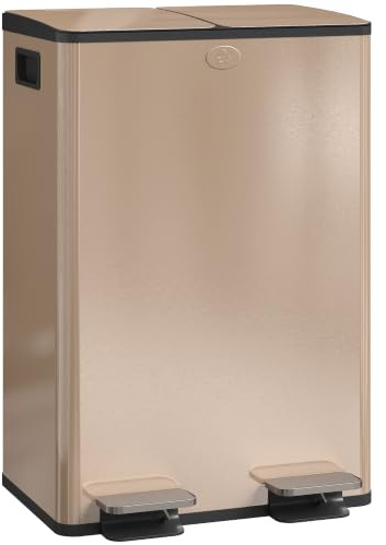 HOMCOM Dual Kitchen Bin 2 x 28L Stainless Steel Soft Close Lid Gold Tone | Double Rubbish Bin, Removable Inner Buckets, Fingerprint-Proof, for Recycling and Waste