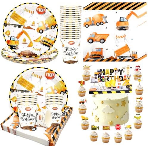 65 Stück Baustelle Deko Geburtstag Partygeschirr für 16 Gäste, 13 × Tortendeko + 20 Bagger Servietten + Pappteller Kindergeburtstag + Becher für Kindergeburtstagsdeko Party Technik Fahrzeug Deko