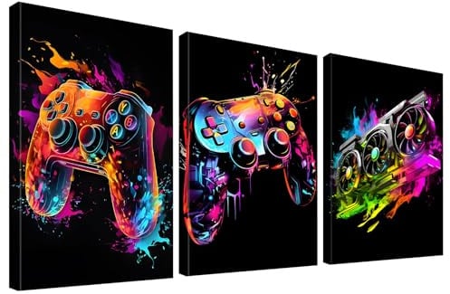 KiKiHong 3er Set Gaming Wandbild mit Rahmen,Controller Motive mit Neon-Sprühkunst,Jugendzimmer Deko Jungen Gaming Poster für Gamer-Zimmer, Wohnzimmer Büro 30x40 cm