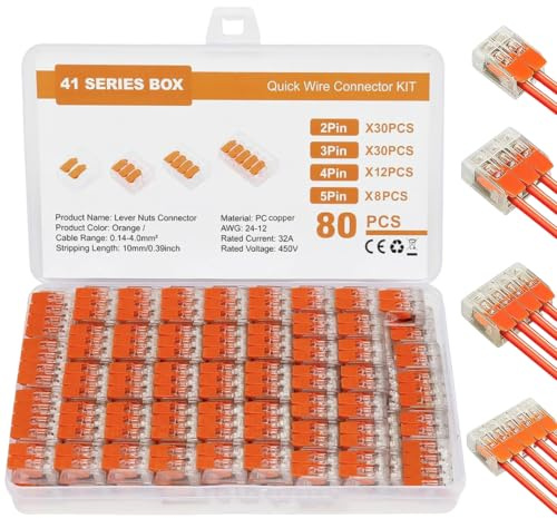 80 st. kabelkontakter 2/3/4/5-poliga för fasta och flexibla ledare, upp till 4 mm² | Tillverkad av förnicklat kopparmaterial, säkert och snyggt, lätt att använda, flexibel användning, enorm förvaring (80 st)