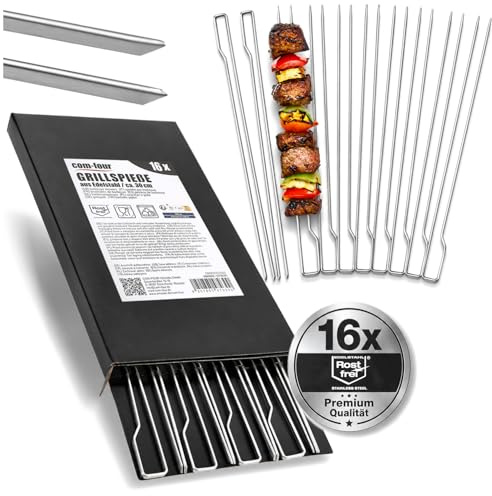 com-four® 16 Spiedini BBQ Premium, Spiedini doppi 30 cm in acciaio inox