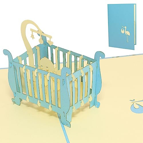 LINPopUp®, LIN17819, Pop Up Karte, Geburt, 3D Karte Glückwunschkarte Geburtskarte Kinderbett Junge Baby, N99