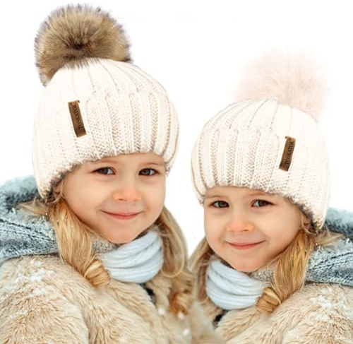 TOSKATOK® Kids Girls Winter Beanie Bobble Hat with Detachable Changeable Faux Fur Pom Pom