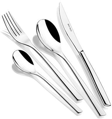 BRA Bari - Set de cubiertos de 24 piezas de acero inoxidable con cuchillo chuletero, acero inoxidable 18/10, diseño contemporaneo, acabado pulido brillante, espesor 3.5 mm (6 comensales)