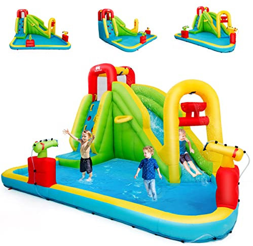 COSTWAY 7 en 1 Château Gonflable avec Toboggan Aquatique & Mur d’Escalade, Aire de Jeux Gonflable Grande avec Piscine & Pistolet à Eau, Charge 158kg pour 3 Enfants de 3-10 Ans, 400x335x230 cm…