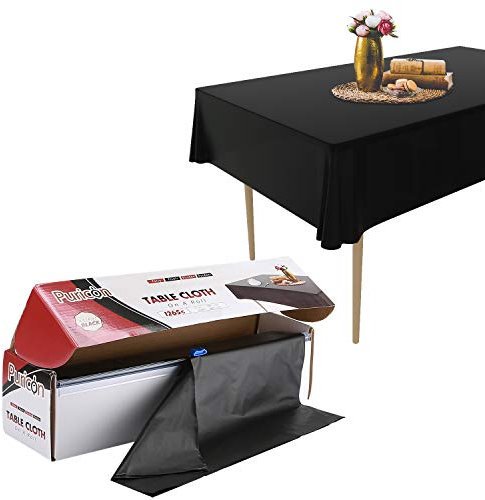 Puricon 137 x 274 cm Einweg Tischdecke Rolle mit Clip aus Plastik,Frei schneidbar Wasserdicht Wachstuch Rolle (12Stück) Abwaschbar Tischtuch für Garten Buffet Party Hochzeit, Camping -Schwarz