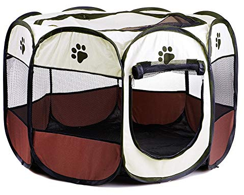 Newdvmmss Laufstall aus Stoff, zusammenklappbar, für Welpen, Hunde, Katzen, Kaninchen, Meerschweinchen, Laufstall, 8-seitig, faltbar, tragbar, langlebig, Braun