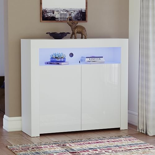 Vida Designs Nova 2 Door Modern LED Sideboard in White, RGB Lights (Fade/Strobe Options Included), High Gloss