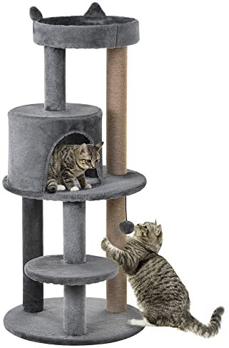 PawHut 104 cm Cat Tree, Cat Condo Tree Tower, Cat Activity Centre with Scratching Posts, Plush Perch, Hanging Ball - Grey