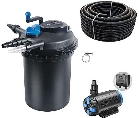 AquaOne Teichfilter Set mit Teichpumpe I Filteranlage CPF-10000 für einen Teich bis 12.000 Liter I Komplettset mit UV Lampe regelbare Eco Pumpe 18-80 Watt Teichschlauch Nr.23