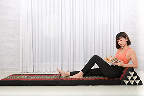 Leewadee Comfortable Japanese Floor Mattress - Thai Floor Bed With Triangle Cushion - Futon Mattress - XL Extra Long Thai Massage Mat, 225 x 50 cm, Black Red, Kapok Filling