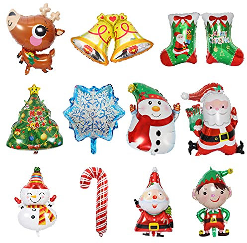 Globos de Navidad,12PCS Globos Helio de Papel de Aluminio Decoracion Interior Exterior Patrón Para Fiesta De Navidad Y Cumpleaños