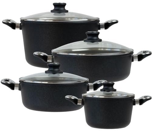 BAF Kochtopf Set Induktion 8-tlg. Bratentopf 24 cm + 28 cm, Kochtopf 20 cm & Gemüsetopf 28 cm - Topfset Aluguss beschichtet - Made in Germany