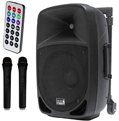Italian Stage IS FR12AWV2 - Sistema audio Trolley Amplificato 12 a batteria con 2 microfoni wireless UHF, SD Card, USB, modulo Bluetooth e telecomando, 200w di Picco, Nero