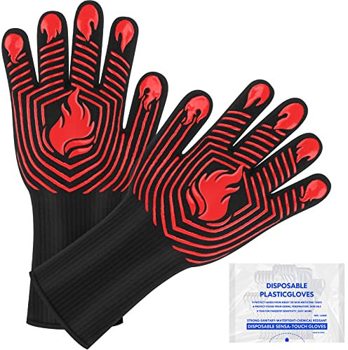 BBQ Gloves, 1472°F Heat Resistant Gloves Fireproof Mitts,Grilling Gloves Silicone Non-Slip Washable Oven Gloves, Kitchen Gloves for Barbecue, Grilling, Cooking, Baking, Camping, Smoker (Red)