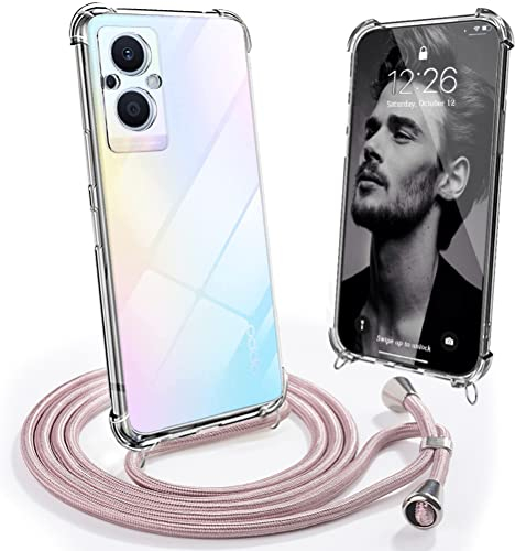 Mkej Coque pour Oppo Reno 8 Lite avec Cordon de Collier, Coque avec Cordon Transparent TPU Housse, Collier RéglableTéléphone Portable Lanyard Case Oppo Reno 8 Lite, Or Rose
