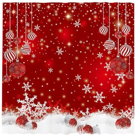 Funnytree Red Christmas Snowflakes Shower Curtain Set with 12 Hooks Merry Xmas Glitter Sparkle Bokeh Bathroom Bathtubs Decor Easy Care Washable Durable Polyester Fabric 72x72