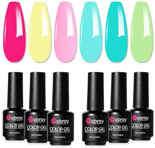 Mobray Gel Nail Polish Set, 6 Colors Macaron Gel Polish Kit Hot Pink Blue Yellow Green Neon, Spring Summer Gel Nail Varnish Soak Off U V/LED, Salon Nail Art Manicure
