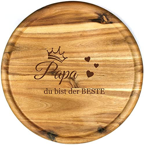 Sterngraf Pizzateller 32 cm mit Gravur Papa du bist der Beste, Holz Pizzateller - Geschenkidee zum Geburtstag, Geschenke zum Vatertag, Akazienholz, Krone Herz MotivP12o