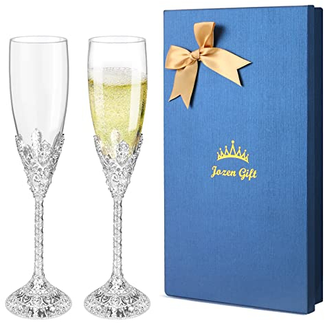 Jozen Gift Champagne Flutes - Set of 2 Champagne Glasses,Toasting Flute Pair,Crystal Glasses&Metal Base, Wedding Anniversary, Party Birthday Banquets,Gifts for Bride and Groom 6 oz-Silver