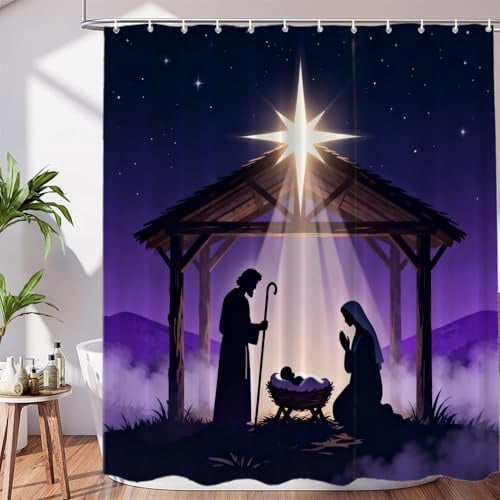 BaoNews Christmas S Decor Shower Curtain Set,Nativity Stars Baby Jesus in The Manger Polyester Shower Curtain for Shower Stall Bathroom Waterproof with 12 Hooks 72x72 Inch