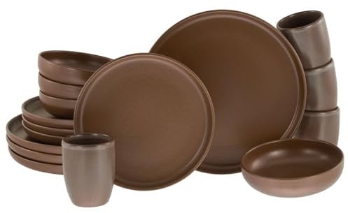 CreaTable, 23660, Serie Uno braun, 16-teiliges Geschirrset für 4 Personen, Kombiservice aus Steinzeug, spülmaschinen- und mikrowellengeeignet, Made in Europe