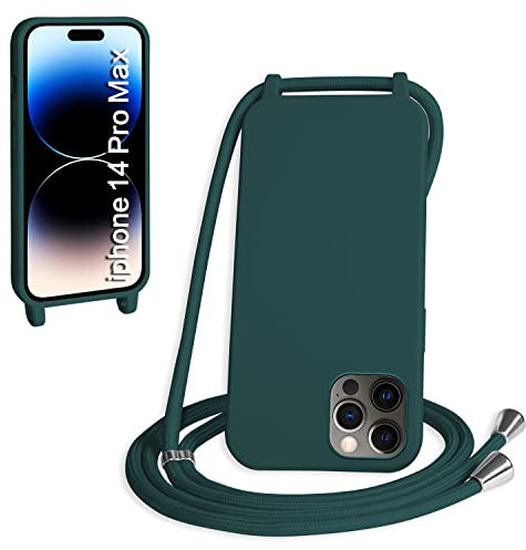 WenBaby Funda con Cuerda para iPhone 14 Pro MAX, Líquida Silicona Carcasa con Cordón Ajustable Collar Correa de Cuello, Cubierta Prueba Golpes con Microfibra Forro (Verde Oscuro)