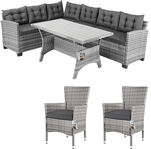 Casaria® Polyrattan Ecklounge Set WPC Esstisch Ecksofa 2 Gartenstühle Sitzauflagen Kissen Wetterfest Outdoor Lounge Garten Terrasse Balkon Möbel Grau