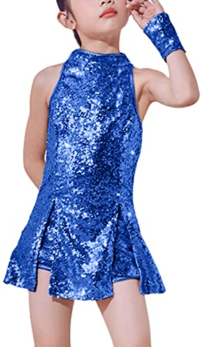 LOLANTA Mädchen Pailletten-Kostüm Hip Hop Dancewear Funkelndes Tanzkleid Gesetzt, Blau, 11-12 Jahre, 160