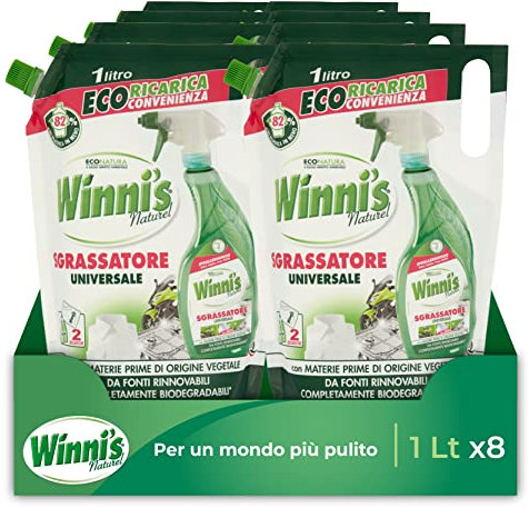 Winni's - Sgrassatore Spray Universale Multisuperficie Ipoallergenico, Formato Ecoricarica, Azione Sgrassante e Pretrattante Contro le Macchie, Materie Prime di Origine Vegetale, 1000 ml x 8 Confezioni