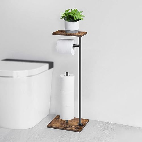 UOMIO Freestanding Toilet Roll Holder with Storage Shelf Bathroom Spare Paper Stand with Wooden Basket and Wooden Pedestal Toilet Waterproof Free Standing Paper Rack for Bathroom