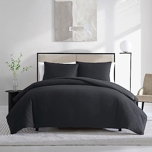 Vera Wang- Queen Duvet Cover Set, Reversible Cotton Bedding Set with Matching Shams, Designer Home Décor (Waffle Pique Black, Queen)